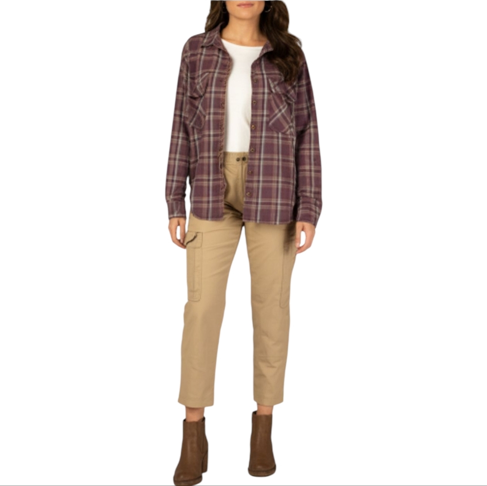 NEW Democracy Brown Plaid Flannel Big Button Raw Hem Shacket Size Lrge Cabincore